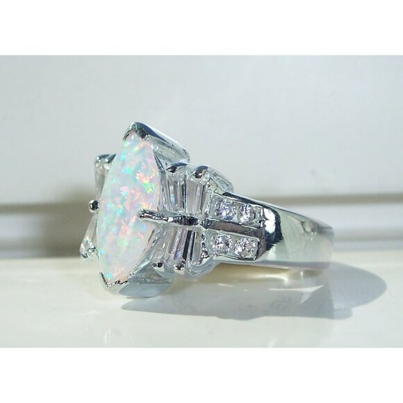 925 STERLING SILVER Marquise Lab Created White Fire Opal & CZ Ring - Picture 2 of 14